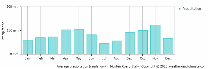 Average monthly rainfall, snow, precipitation in Monteu Roero, Italy