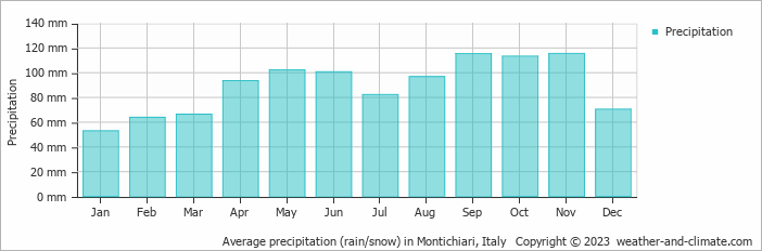 Average monthly rainfall, snow, precipitation in Montichiari, Italy