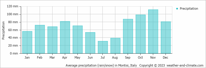 Average monthly rainfall, snow, precipitation in Montisi, Italy