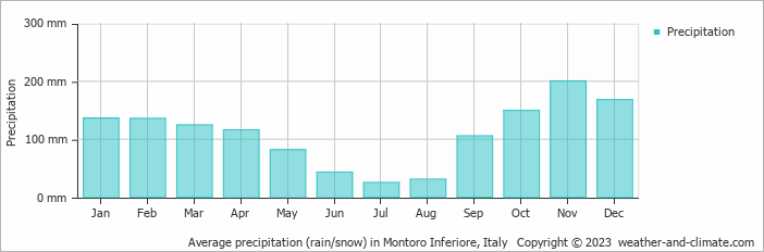 Average monthly rainfall, snow, precipitation in Montoro Inferiore, Italy