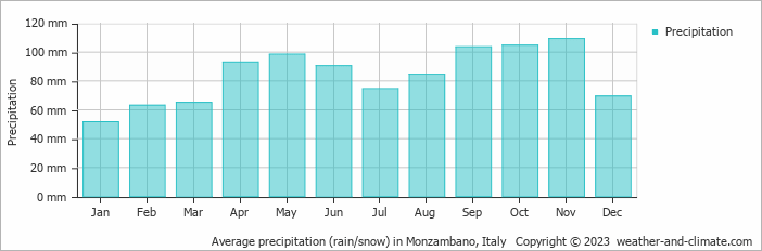Average monthly rainfall, snow, precipitation in Monzambano, Italy