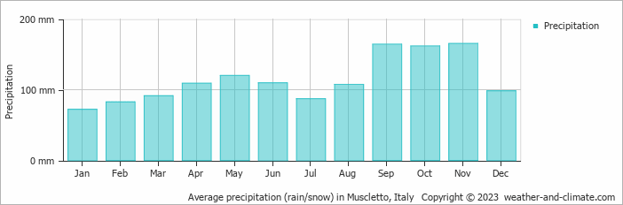 Average monthly rainfall, snow, precipitation in Muscletto, Italy