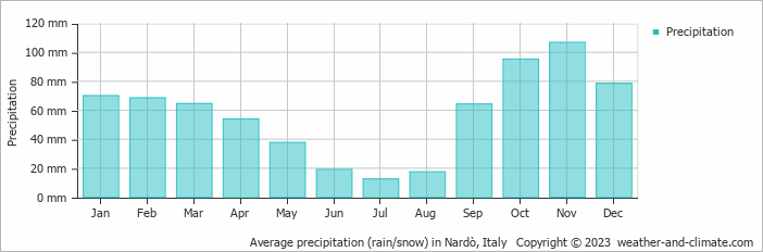 Average monthly rainfall, snow, precipitation in Nardò, Italy