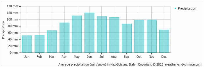 Average monthly rainfall, snow, precipitation in Naz-Sciaves, Italy