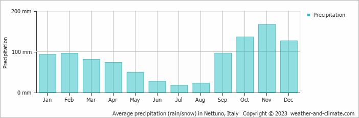 Average monthly rainfall, snow, precipitation in Nettuno, Italy