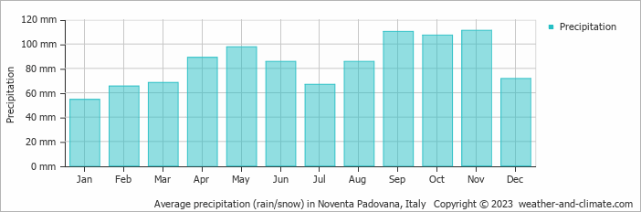 Average monthly rainfall, snow, precipitation in Noventa Padovana, Italy