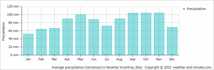 Average monthly rainfall, snow, precipitation in Noventa Vicentina, Italy
