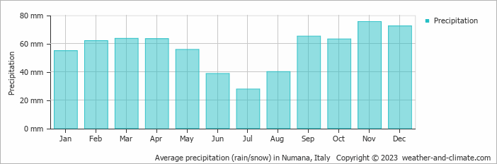 Average monthly rainfall, snow, precipitation in Numana, Italy