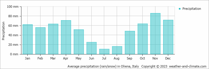 Average monthly rainfall, snow, precipitation in Oliena, Italy