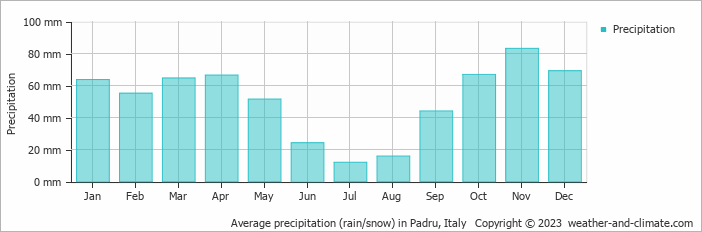 Average monthly rainfall, snow, precipitation in Padru, Italy