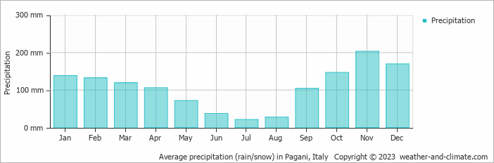 Average monthly rainfall, snow, precipitation in Pagani, 