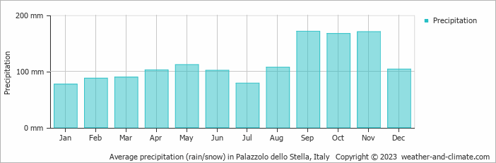 Average monthly rainfall, snow, precipitation in Palazzolo dello Stella, Italy