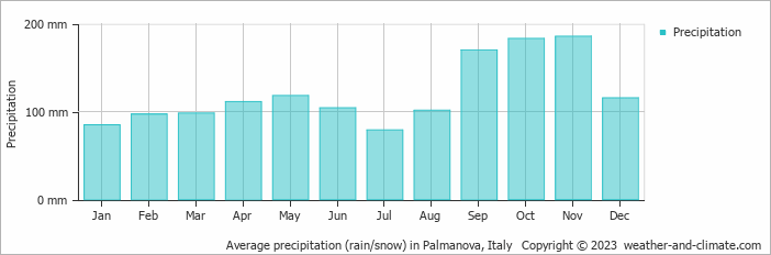 Average monthly rainfall, snow, precipitation in Palmanova, Italy