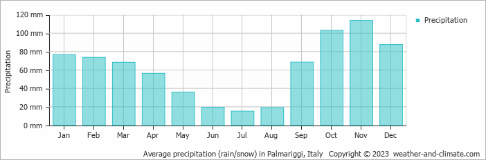 Average monthly rainfall, snow, precipitation in Palmariggi, Italy