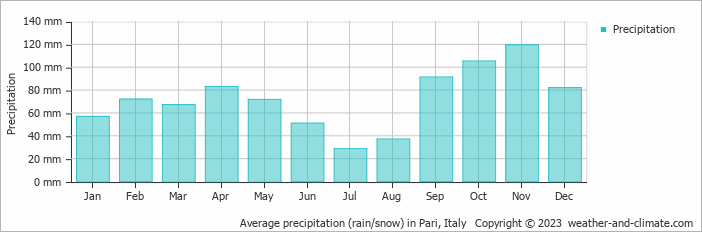 Average monthly rainfall, snow, precipitation in Pari, Italy