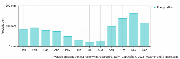 Average monthly rainfall, snow, precipitation in Passoscuro, Italy