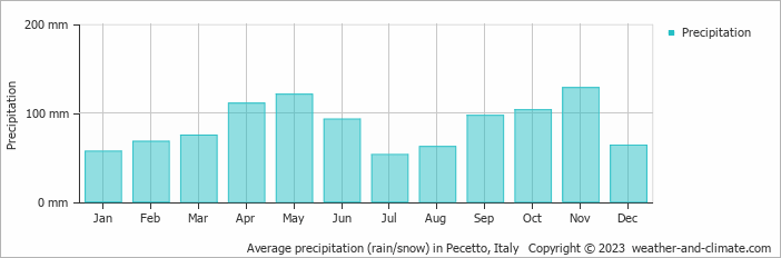 Average monthly rainfall, snow, precipitation in Pecetto, Italy
