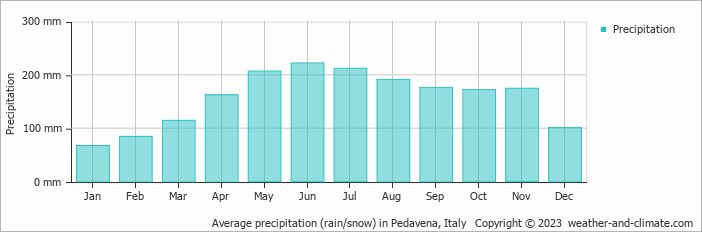 Average monthly rainfall, snow, precipitation in Pedavena, Italy