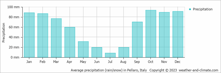 Average monthly rainfall, snow, precipitation in Pellaro, Italy