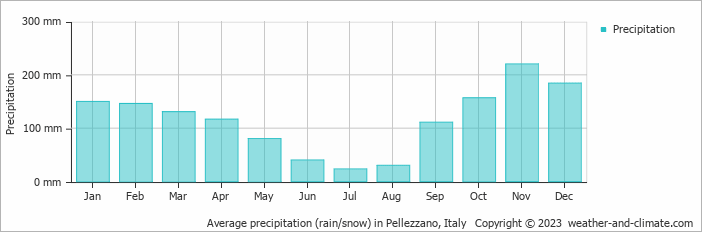 Average monthly rainfall, snow, precipitation in Pellezzano, Italy