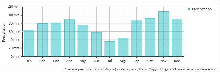 Average monthly rainfall, snow, precipitation in Petrignano, Italy