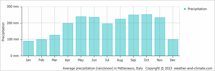 Average monthly rainfall, snow, precipitation in Pettenasco, Italy