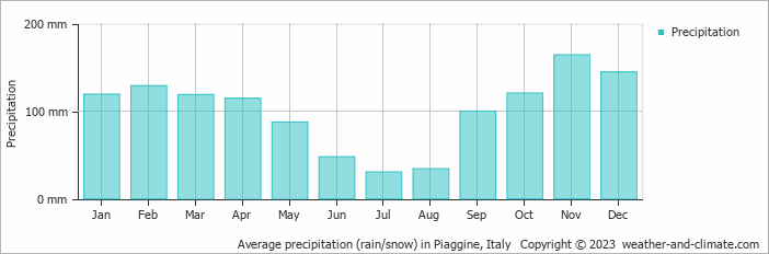 Average monthly rainfall, snow, precipitation in Piaggine, Italy