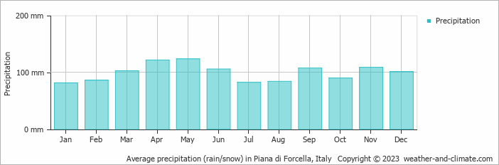 Average monthly rainfall, snow, precipitation in Piana di Forcella, Italy