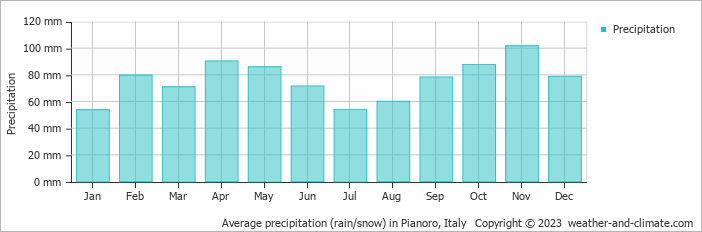 Average monthly rainfall, snow, precipitation in Pianoro, Italy