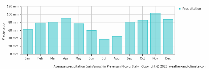 Average monthly rainfall, snow, precipitation in Pieve san Nicolo, 