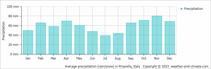 Average monthly rainfall, snow, precipitation in Pinarella, Italy