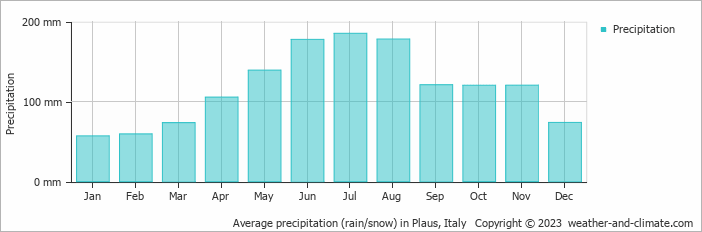 Average monthly rainfall, snow, precipitation in Plaus, Italy