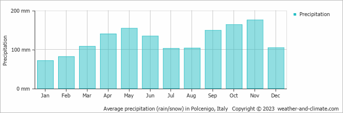 Average monthly rainfall, snow, precipitation in Polcenigo, 