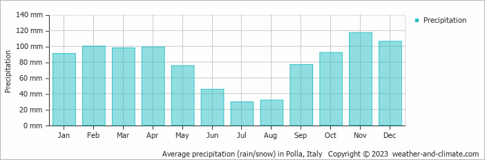 Average monthly rainfall, snow, precipitation in Polla, Italy