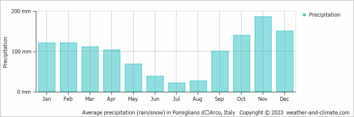 Average monthly rainfall, snow, precipitation in Pomigliano dʼArco, 