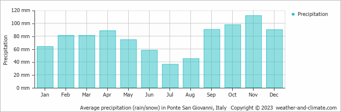 Average monthly rainfall, snow, precipitation in Ponte San Giovanni, Italy
