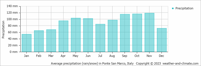 Average monthly rainfall, snow, precipitation in Ponte San Marco, Italy