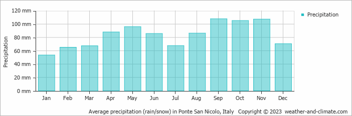 Average monthly rainfall, snow, precipitation in Ponte San Nicolo, Italy