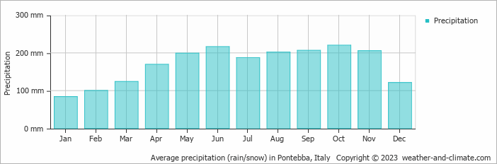 Average monthly rainfall, snow, precipitation in Pontebba, Italy