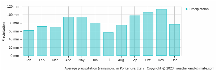 Average monthly rainfall, snow, precipitation in Pontenure, Italy
