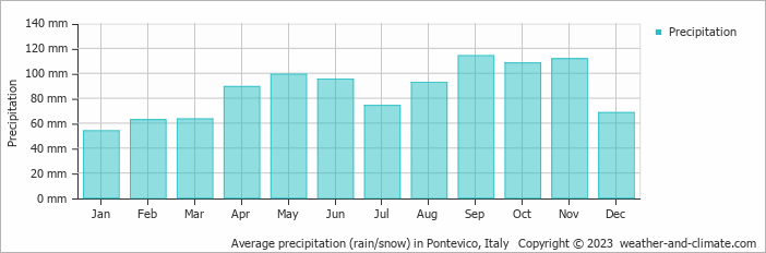 Average monthly rainfall, snow, precipitation in Pontevico, Italy