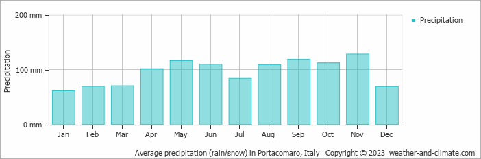 Average monthly rainfall, snow, precipitation in Portacomaro, Italy