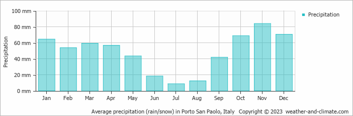 Average monthly rainfall, snow, precipitation in Porto San Paolo, Italy