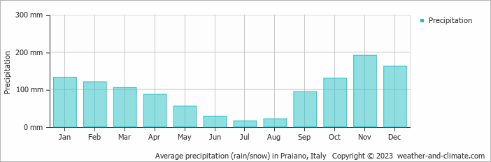 Average monthly rainfall, snow, precipitation in Praiano, Italy