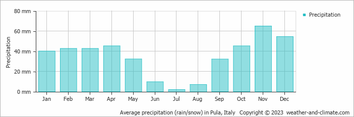 Average monthly rainfall, snow, precipitation in Pula, Italy