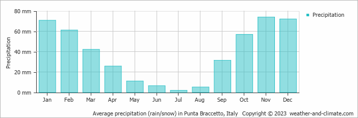 Average monthly rainfall, snow, precipitation in Punta Braccetto, Italy