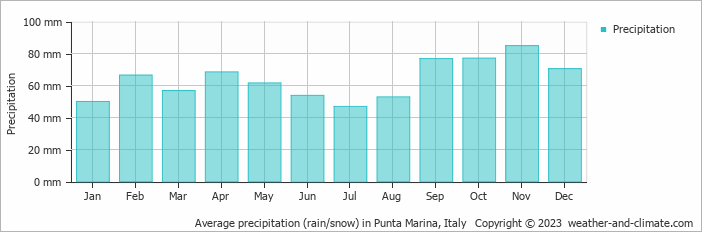 Average monthly rainfall, snow, precipitation in Punta Marina, Italy