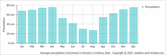 Average monthly rainfall, snow, precipitation in Rionero in Vulture, Italy