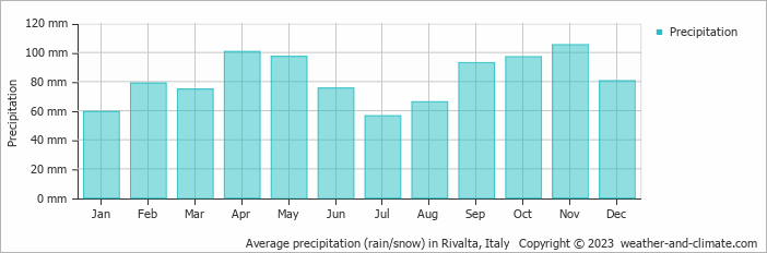 Average monthly rainfall, snow, precipitation in Rivalta, Italy
