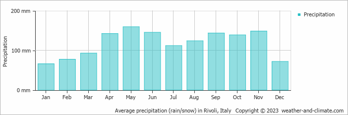 Average monthly rainfall, snow, precipitation in Rivoli, Italy
